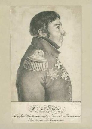 Graf Georg von Scheler (?), Generalleutnant, Kommandeur der Reiter-Division und Gouverneur von Stuttgart in Uniform mit Orden, Brustbild in Profil