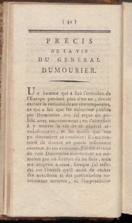 Précis de la vie du General Dumourier.