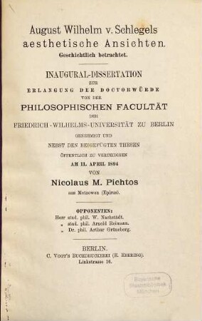 August Wilhelm v. Schlegels ästhetische Ansichten : geschichtlich betrachtet