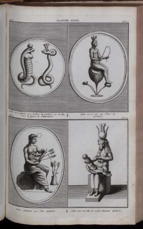 Planche XXXII. : No 1. Isis & Osiris [...] ; No 2. Isis assise sur un Fleur de Lotos; No3. Isis allaitant son Fils Horus ; No 4. Isis avec une tête de vache allaitant Horus
