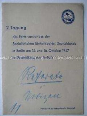 Delegiertenmappe zur 2. Tagung des Parteivorstandes der SED (ohne Inhalt)