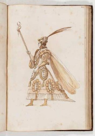 Kriegerin in prachtvollem Gewand mit Federnhut und Zepter, in: Equestrium statuarum [...] formae [...] artificiosissime pictis, Bl. 82