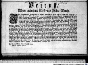 Verruff, Wegen verbottener Gold- und Silber-Tracht. : München den 12. November 1750. Ex Commissione Serenissimi Domini Ducis & Electoris Speciali.