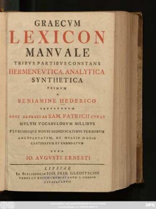 Graecvm Lexicon Manvale : Tribvs Partibvs Constans Hermenevtica, Analytica, Synthetica