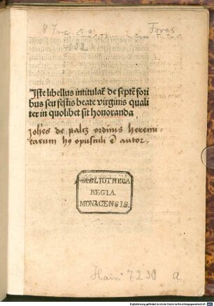 De septem foribus seu festis beatae virginis Mariae