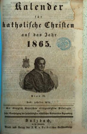 Kalender für katholische Christen : auf d. Jahr ... 1865