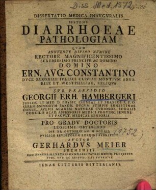 Dissertatio Medica Inavgvralis [Inauguralis] Sistens Diarrhoeae Pathologiam