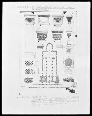 Grundriss und Detailzeichnungen der ehemaligen Stiftskirche Sankt Cyriakus in Frose