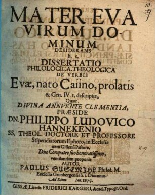Mater Eva virum dominum desiderans : h. e. Dissertatio ... de verbis Evae, nato Caiino, prolatis, Gen. IV, 1.
