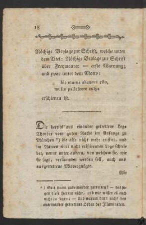 Nöthige Beylage zur Schrift, welche unter dem Titel: Nöthige Beylage zur Schrift über Freymauer - erste Warnung; und zwar unter dem Motto: hic murus aheneus esto, mulla pallescere culpa erschienen ist