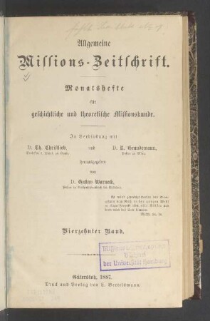 14.1887: Allgemeine Missions-Zeitschrift : Monatsh. für geschichtl. u. theoret. Missionskunde