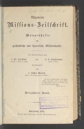 14.1887: Allgemeine Missions-Zeitschrift : Monatsh. für geschichtl. u. theoret. Missionskunde