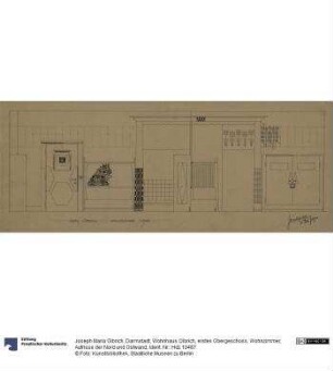 Darmstadt, Wohnhaus Olbrich, erstes Obergeschoss, Wohnzimmer, Aufrisse der Nord und Ostwand