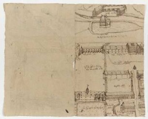 Kehrenbach, landgräfliches Jagdhaus (recto, oben), Melsungen, Entwurf für eine Neue Kanzlei (recto, unten), Waldau, Entwurf für ein Jagdschloss (verso, oben) , Kassel, Hof am Steinweg (verso, unten)
