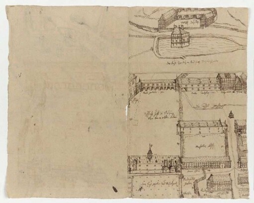 Kehrenbach, landgräfliches Jagdhaus (recto, oben), Melsungen, Entwurf für eine Neue Kanzlei (recto, unten), Waldau, Entwurf für ein Jagdschloss (verso, oben) , Kassel, Hof am Steinweg (verso, unten)