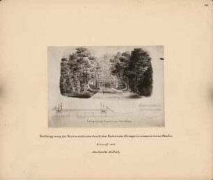Durchführung der Zimmerstraße durch den Garten des Kriegsministeriums, Berlin: Perspektivische Ansicht mit Umgebung, Längsschnitt, Querschnitt, Maßstabsleiste