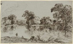 Gewässer mit baumbestandenem Ufer, im Vordergrund zwei Angler