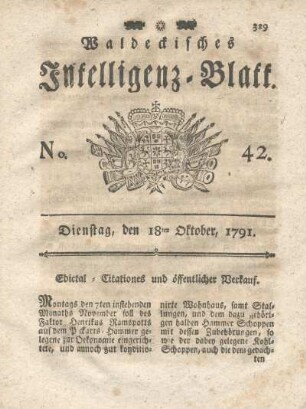 No. 42, Dienstag, den 18ten Oktober, 1791