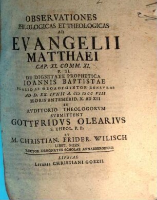 Observationes philologicas et theologicas ad Evangelii Matthaei ad Cap. XI, comm. 11 : Pars II., de dignitate prophetica Ioannis Baptistae