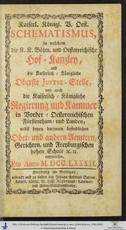 Neuer Catholischer Schreib-Kalender auf das Jahr 1782.