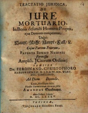 Tractatio Iuridica, De Iure Mortuario, In Bonis defuncti Hominis Proprii, eius Domino competente; Vulgo: HauptRecht HauptFall [et]c.