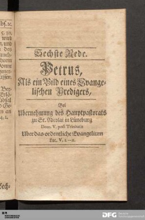 Sechste Rede. Petrus, Als ein Bild eines Evangelischen Predigers