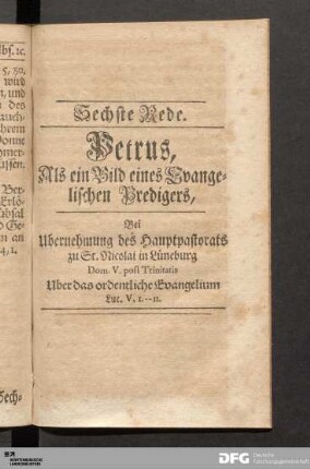 Sechste Rede. Petrus, Als ein Bild eines Evangelischen Predigers