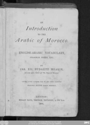 An Introduction of the Arabic of Morocco : English-Arabic vocabulary, grammar notes etc.