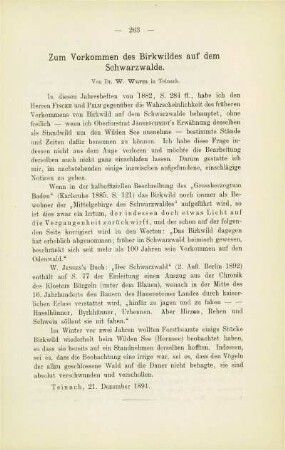 Zum Vorkommen des Birkwildes auf dem Schwarzwalde (W. Wurm)