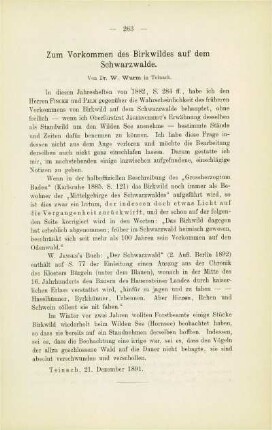 Zum Vorkommen des Birkwildes auf dem Schwarzwalde (W. Wurm)