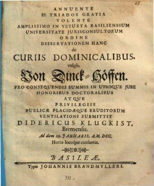 Diss. de curiis dominicalibus vulgo von Dinck-Höffen