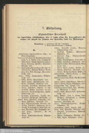 V. Abtheilung. Einwohnerverzeichnis : V. Abtheilung. Alphabetisches Verzeichniß der sämmtlichen selbstständigen....