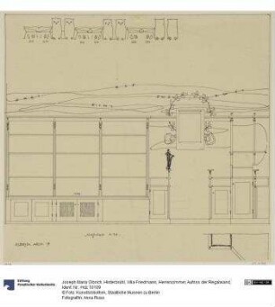 Hinterbrühl, Villa Friedmann, Herrenzimmer, Aufriss der Regalwand