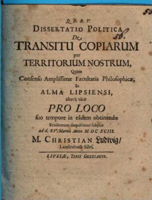 Dissertatio Politica De Transitu Copiarum per Territorium Nostrum