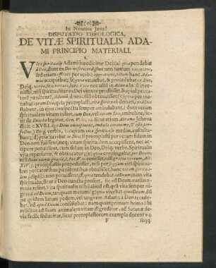Disputatio Theologica, De Vitae Spiritualis Adami Principio Materiali.