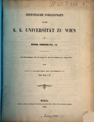 Vorlesungsverzeichnis. 1871/72, 1871/72. WS