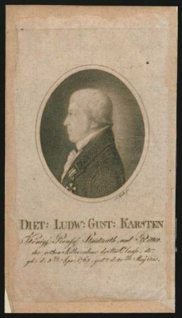 Diet. Ludw. Gust. Karsten, Königl. Preuß. Staatsrath und Ritter des rothen Adlerordens dritter Classe, etc. : geb. d. 5ten Apr. 1768, gest. d. 20ten May 1810