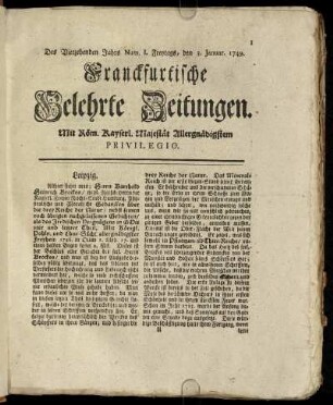Num. I. Freytags, den 3. Januar. 1749 - Num. X. Dienstags, den 4. Febr. 1749