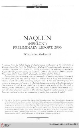 18: Naqlun : (Nekloni) preliminary report, 2006