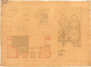 Klenze, Leo von; St. Petersburg (Russland); Eremitage - Saal EG - Fußboden, Plafond u. Säule (Teilgrundriss m. Ansicht, Details)