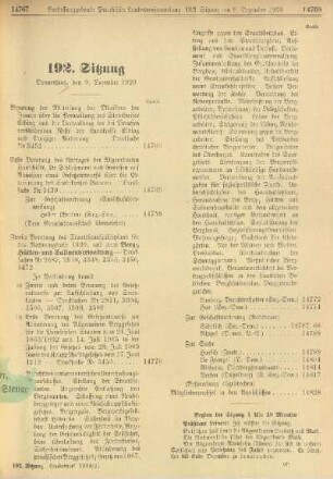 192. Sitzung. Donnerstag den 9. Dezember 1920