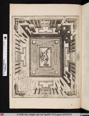 Perspektivische Deckendekoration mit Putto und Posaune.