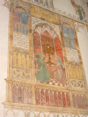 Zierarchitektur mit Engeln unter einem Baldachin, die eine Monstranz halten
