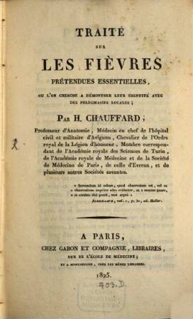 Traité sur les fièvres prétendues essentielles