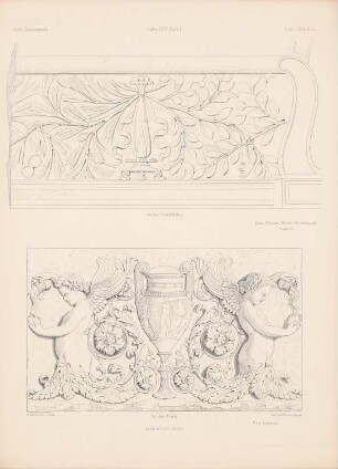 Antike Sessellehne und Fries aus dem Vatikan, Rom: Ansichten (aus: Architektonisches Skizzenbuch, H. 142/1, 1877)