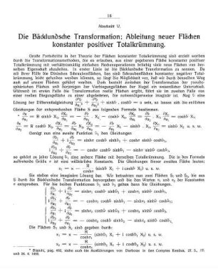 Abschnitt V. - Die Bäcklundsche Transformation; Ableitung neuer Flächen konstanter positiver Totalkrümmung.