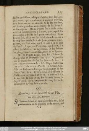 CXV. Avantage de la brieveté de la Vie, par Mr. De La Bruyere.