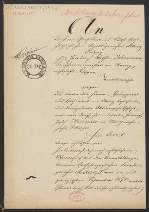 Anklageschrift im Gerichtsverfahren Johannsen contra Gasapparat- und Gusswerk Mainz
