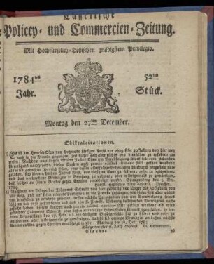 52tes Stueck, Montag den 27ten December. 1784