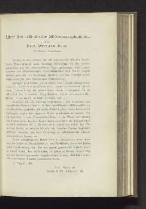 Über das isländische Süßwasserplankton.
